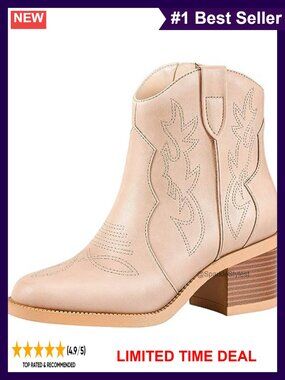Embroidered Western Cowboy Ankle Boots Round Toe Chunky Block Heel
